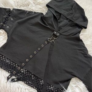 Black Hooded Crop Top with Lace and Strap Detail